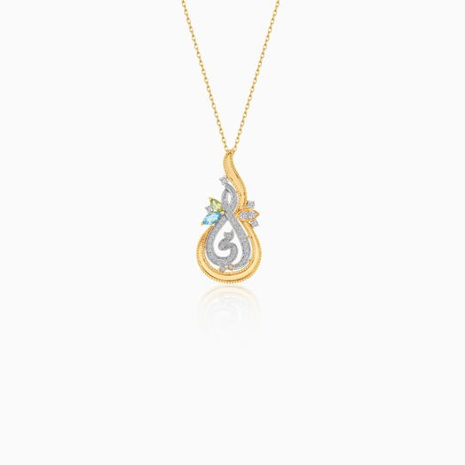 18k Yellow Gold Arabic " My Mother " Necklace Decorated with Natural Diamonds,Blue Topaz and Green Peridot