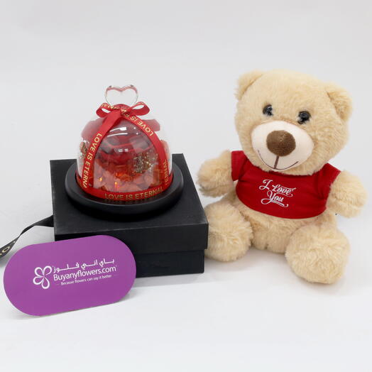 Дизайнерская красная стабилизированная роза и мишка «I Love You»