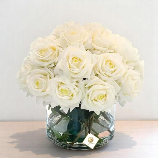 White Roses in Cylinder Vase