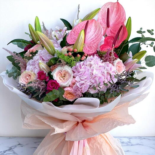 Enchanting Lilac Bouquet: Pink Hydrangea, Lilies, Roses, and Anthurium