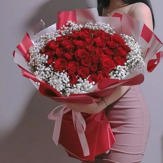 Роскошный букет из 51 красной розы с роскошной упаковкой для | годовщины | дня рождения | девушки