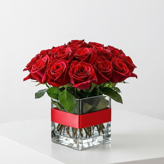 25 красных роз в вазе