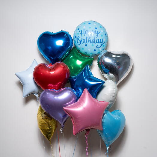 Синий набор фольгированных шаров «С Днём Рождения» — цветные звёзды и сердца  7624