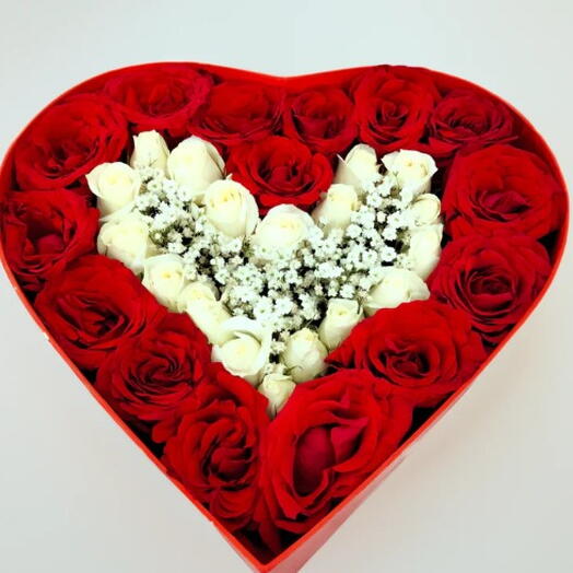 Valentine Heart Box Shape in Red and White Roses