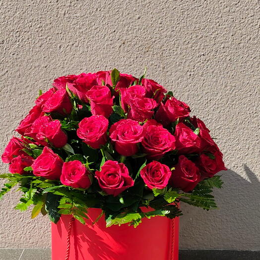Red in round: 50 Stems of red roses in a red round box