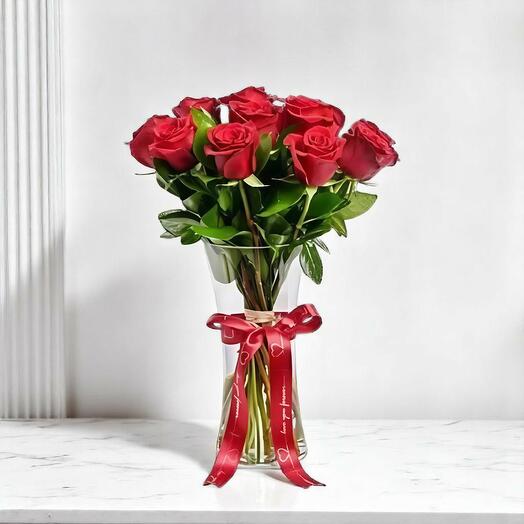 Valentine s Day Red Rose Vase Arrangement – 24 Roses in Elegant Glass Vase