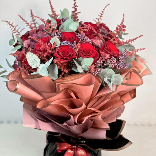 Eternal Elegance: Lovely Red Roses, Fresh Astilbe, and Eucalyptus Bouquet