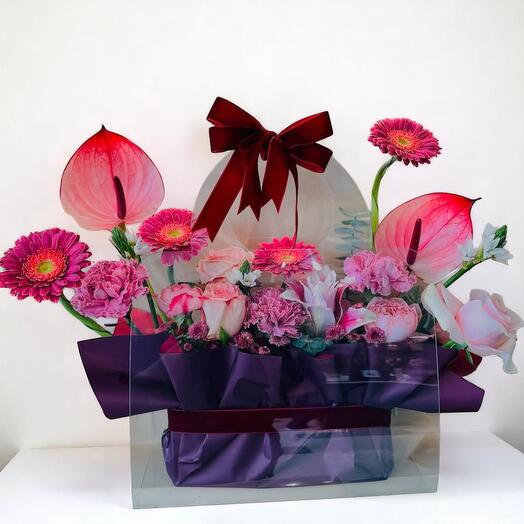 Pink Bloom Luxury Flower Bag – Anthurium, Gerbera   Rose Floral Arrangement