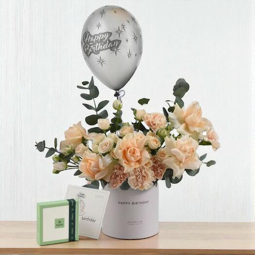 Peach Blossom Birthday Flower Box   Patchi Chocolate Combo – With Balloon Gift Set for Her   Him