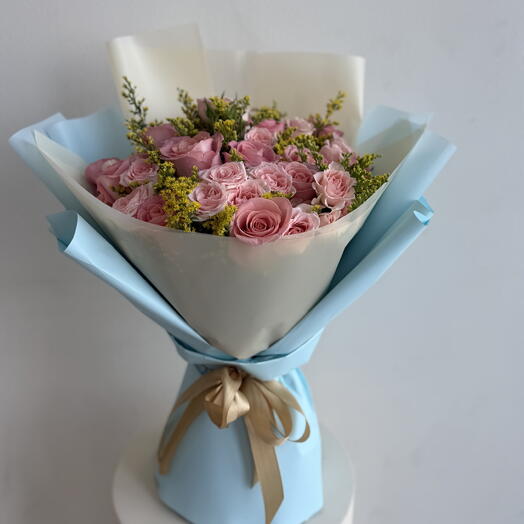 Soft Pink Rose Bouquet with Baby Blue Wrap