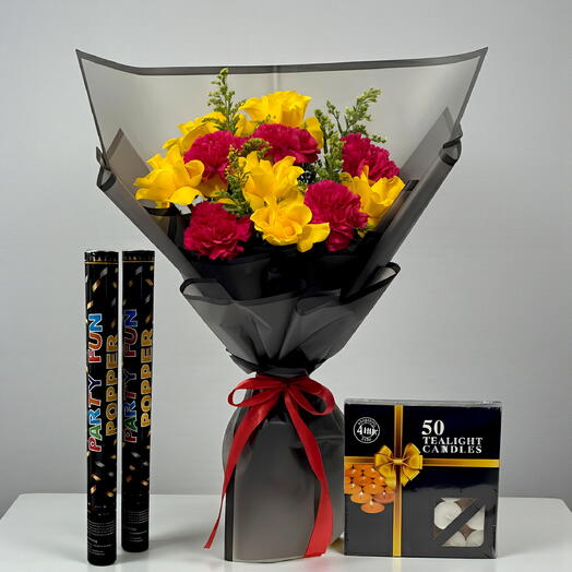 Diwali Love   Lights Combo – Red Roses, Pink Carnations   50 Candles | Dubai