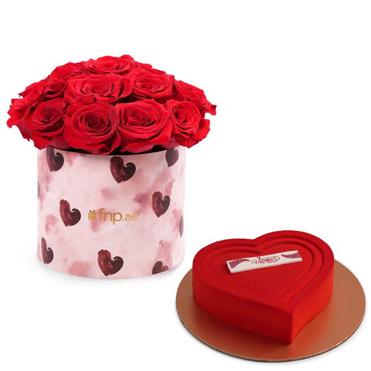 Luxe Red Rose Box with Heart Chocolate Cake