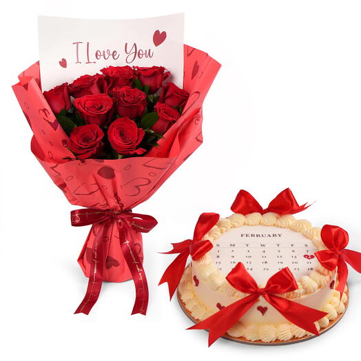 Букет «10 причин, почему я люблю тебя» с тортом «Красный бархат»