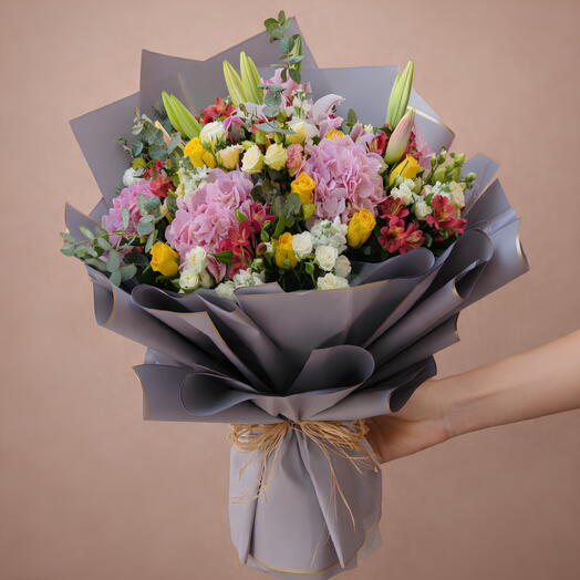 Enchanting Romance Bouquet: Pink Hydrangea, Oriental Pink Lily, Yellow Rose   More