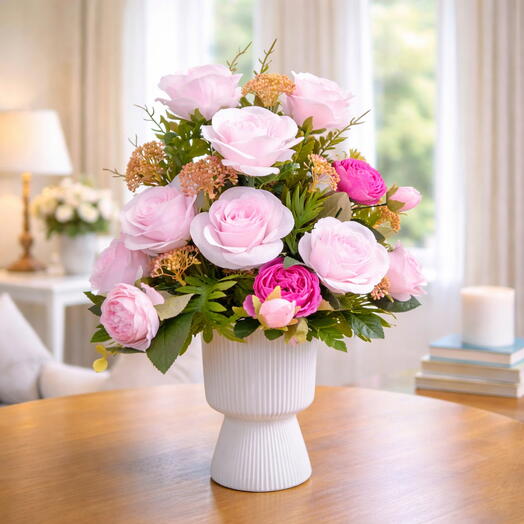 Искусственная композиция из бледно-розовых роз в вазе на пьедестале