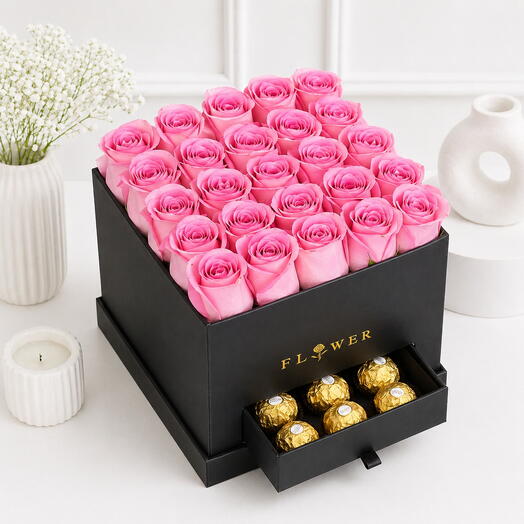Blush Élégance – 25 roses roses   Boîte Ferrero Rocher