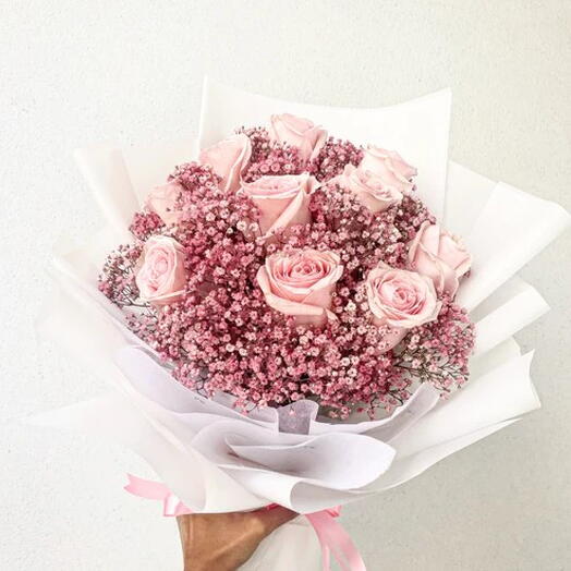 Mother s Day Dots of Love Pink Baby Breath and Pink Rose Bouquet