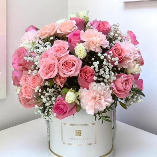 Blush Pink Rose   Hydrangea Flower Box with White Lisianthus – Elegant Round Hatbox Floral Gift