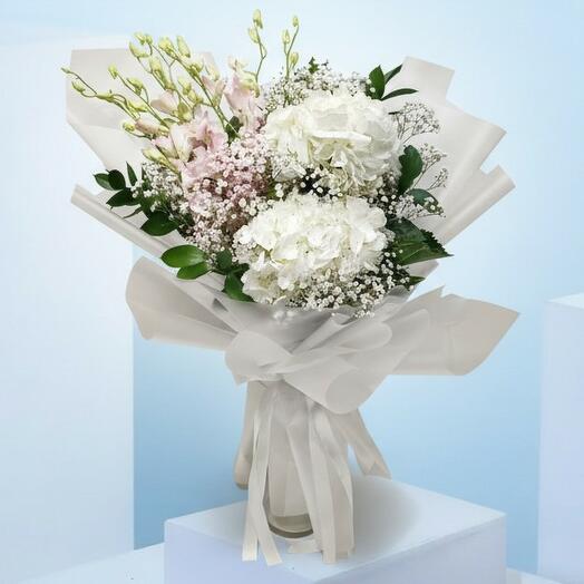 White Hydrangea   Pink Orchid Bouquet