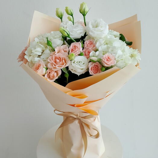 White Flowers And Peach Roses Bouquet