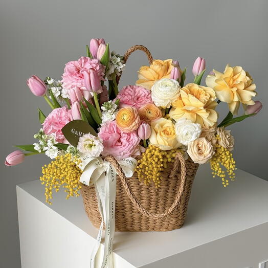 «Capri» basket (50*50 cm)— ranunculus, tulip, O hara rose, mimosa