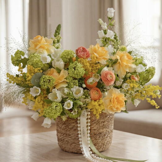 «Valencia» basket (size M) — tulip, mimosa, viburnum, ranunculus, Buttercup rose