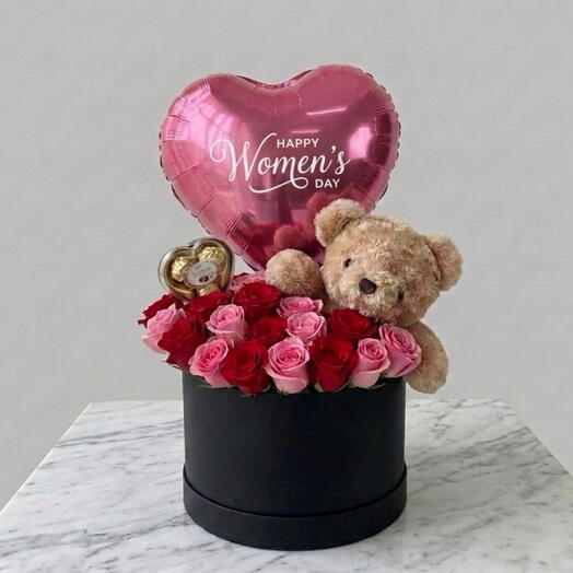 Women s Day Combo –Red Rose Bouquet, Chocolate, Teddy   Balloon