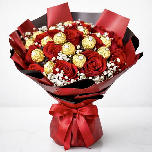 15 Ferrero Rocher et bouquet de 16 roses rouges – combo romantique premium