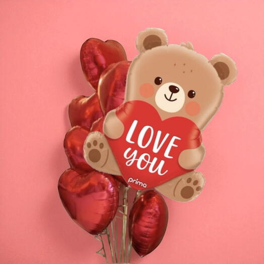 10 helium Red hearts + bear I love you baloons