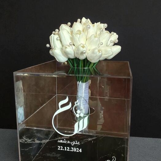 Elegant Bridal Hand Bouquet with Acrylic Box – Artificial White Tulips with Pearls
