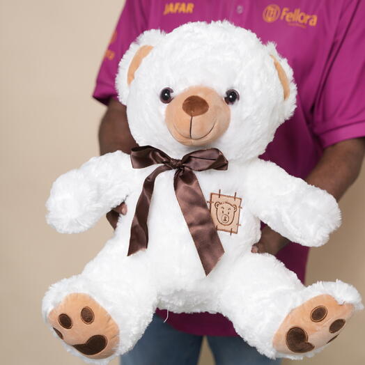 Белый плюшевый мишка с коричневым бантом 7348
