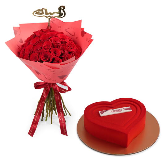 35 красных роз любви букет с биркой на арабском и сердцем шоколадный торт