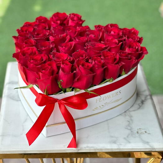 31 Red Roses in White  Heart shape Flower box-3780