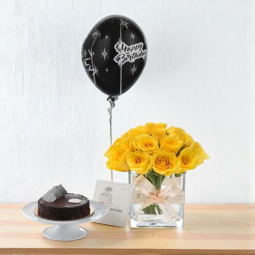 Sunshine Bliss Yellow Rose Birthday Vase   Cake Combo – Bright Floral Gift with Chocolate Delight