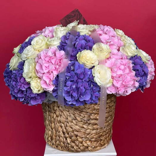 Royal Symphony: Large Basket of Hydrangeas and Roses