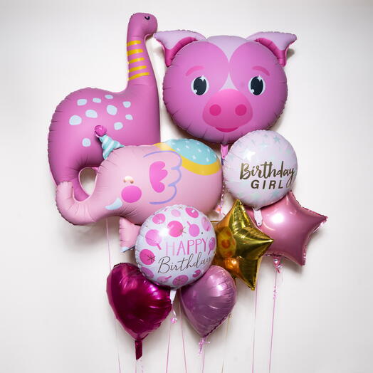 Sweet Pink Animal Theme Birthday Girl Balloon Set  7456