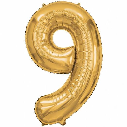 Золотой фольгированный шар-цифра 9 (заполнен гелием)