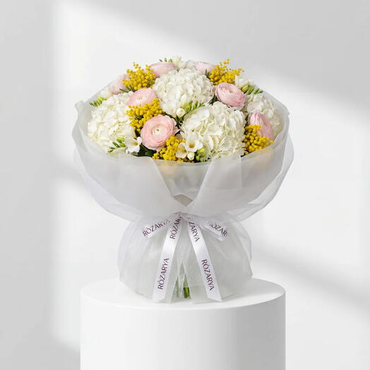 Розовое Весеннее Сияющее Облако: Гортензия, Ранункулюс Мимоза Люкс