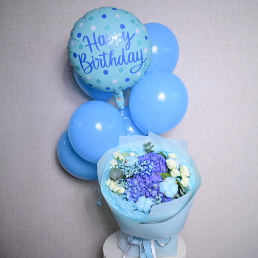 6 синих латексных шаров с 1 шаром Happy Birthday и 1 букетом Blue Mate  6570