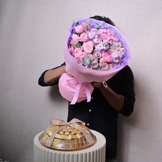 Paris Flowers Bouquet and Luxurious Chocolate Gift Platter Combo (1KG)  6845