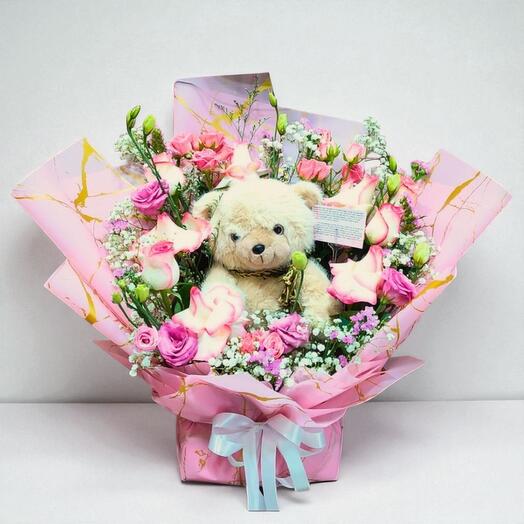 Sweet Embrace – Teddy Bear and Pink Rose Bouquet