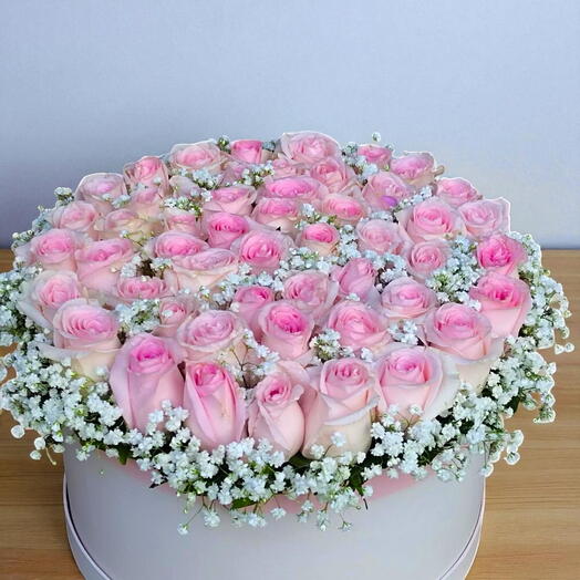 Blushing Pink Rose Box:50 pink roses with fillers in pink round box