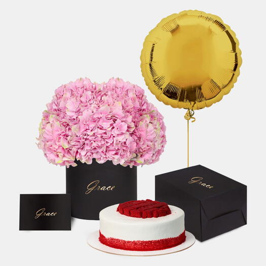 Pink Hydrangea in Box with Red Velvet Cake Bundle