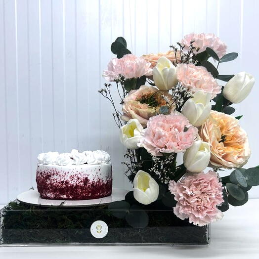 Red velvet cake with flowers mixed arrangement