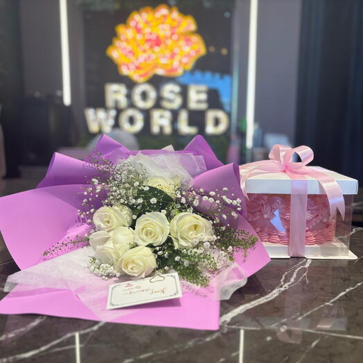 Комбо-подарок: розовый торт и букет цветов 🌸💐💝