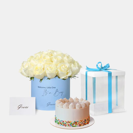 Baby Boy White Roses with Funfetti cake