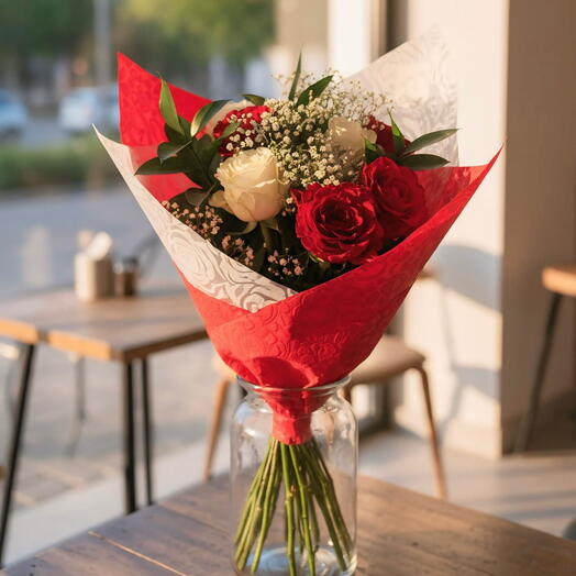باقة من الورود الحمراء والبيضاء