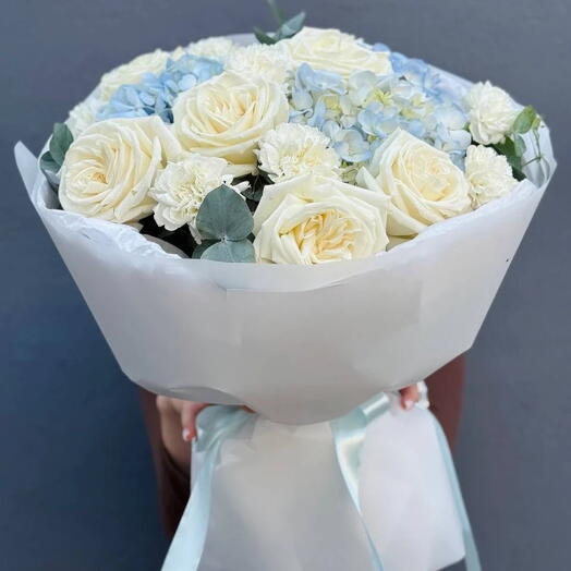 Delicate _ Blue Hydrangea With White Rose And Carnations Premium Bouquet