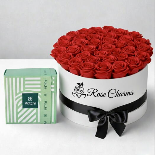 Coffret cadeau Crimson Elegance - 41 roses rouges et Patchi 500g