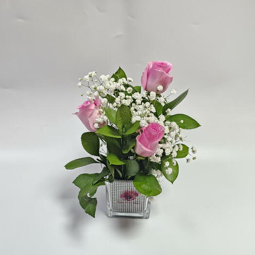 Pink Roses Small Glass Vase Arrangement HPF235